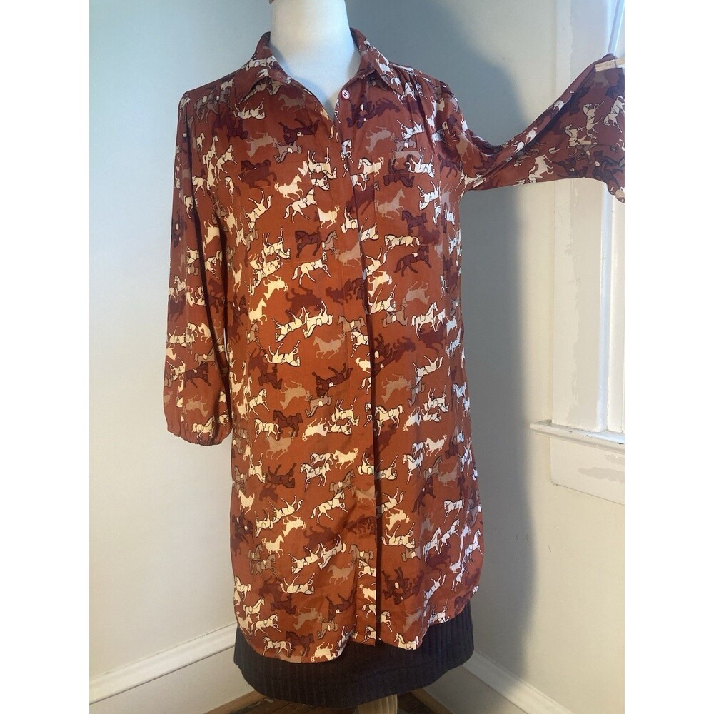 Equestrian/ horse Race themed dress Long Blouse Silky Retro Dressage 3/4 Sleeve